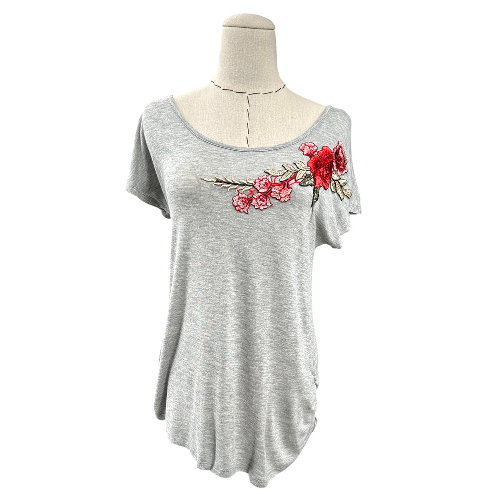Rue Juju Maternity Grey Short Sleeves‎ Floral Embroidery Ruching T Shirt Small
